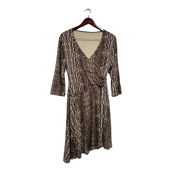 Garnet Hill Brianna Faux Wrap Dress 3/4 Sleeve Cheetah Print Asymmetrical Size M - Picture 1 of 14